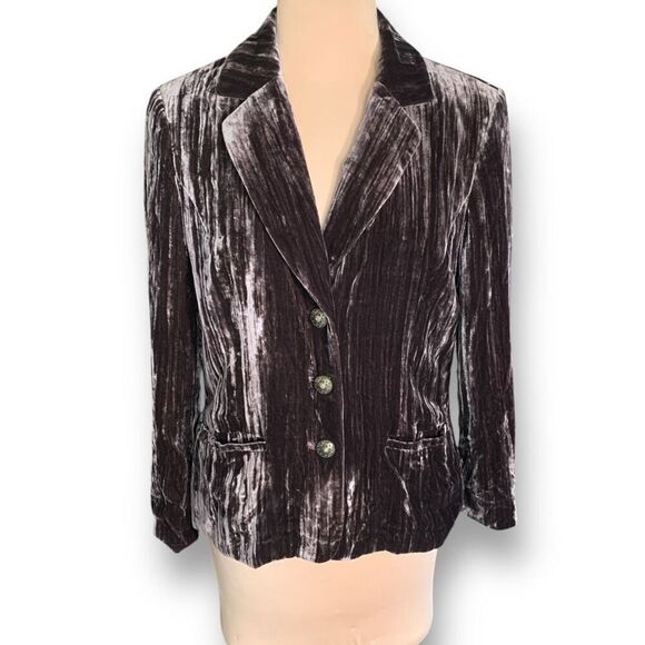 Vintage Tesori Blazer Jacket Crushed Brown Velvet Gold Metallic Button Tailored - Picture 8 of 8